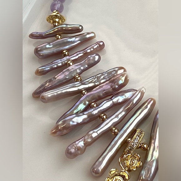 GP35-Handmade Purple Chopstick Pearl And Amethyst Necklace - Picture 8 of 13